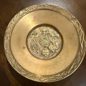 Vintage Korean Brass Trinket Dish Asian Longevity Symbol